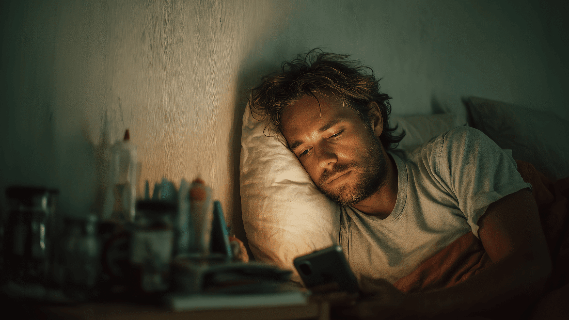 Man lying on bed in dark room, holding phone close, screen glow highlighting his face